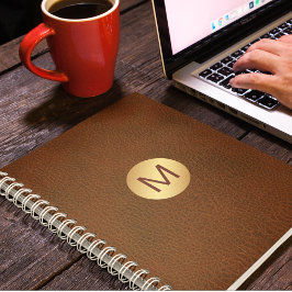 Cuaderno Clásico Faux Brown Leather & Gold Nombre inicial