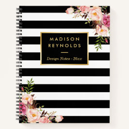 Cuaderno Classy Black White Stripes Floral Notas personales