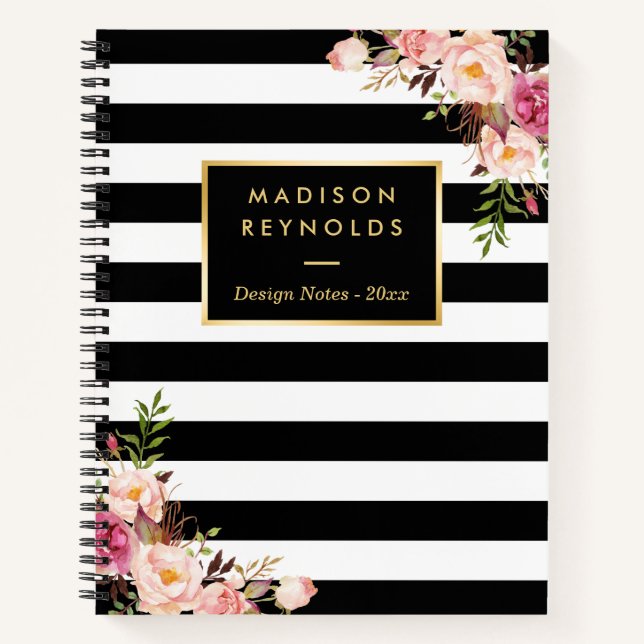 Cuaderno Classy Black White Stripes Floral Notas personales (Anverso)