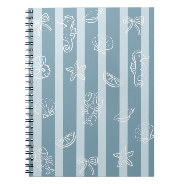 Cuaderno Coastal Nautical Pattern | Blue Sea Shell & Seahor (Frente)