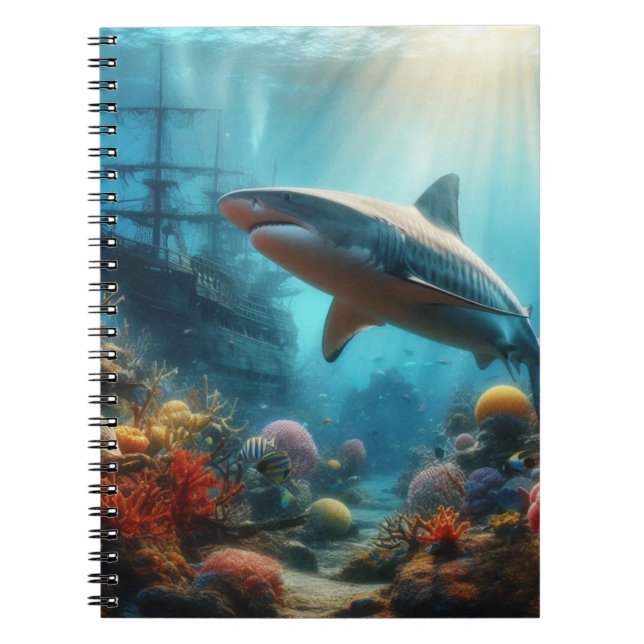 Cuaderno Coastal/nautical tiger shark & coral reef (Frente)