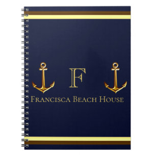 Cuaderno Coastal Navy Blue Nautical Gold Anchor Beach House