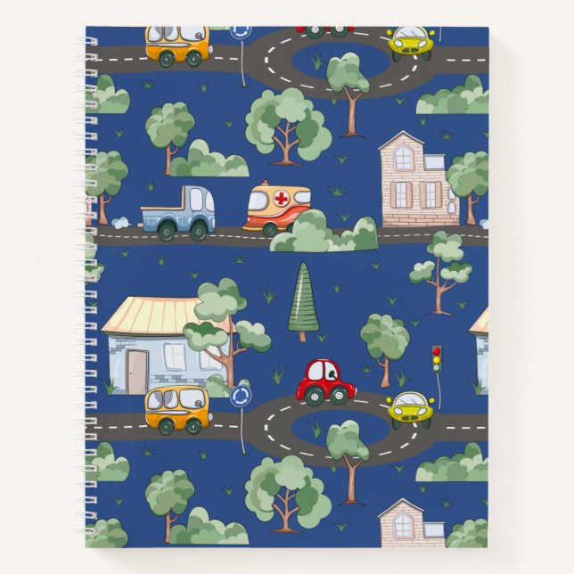 Cuaderno Coches Lindos en Patrón de Pueblo para Niños Azule (Anverso)