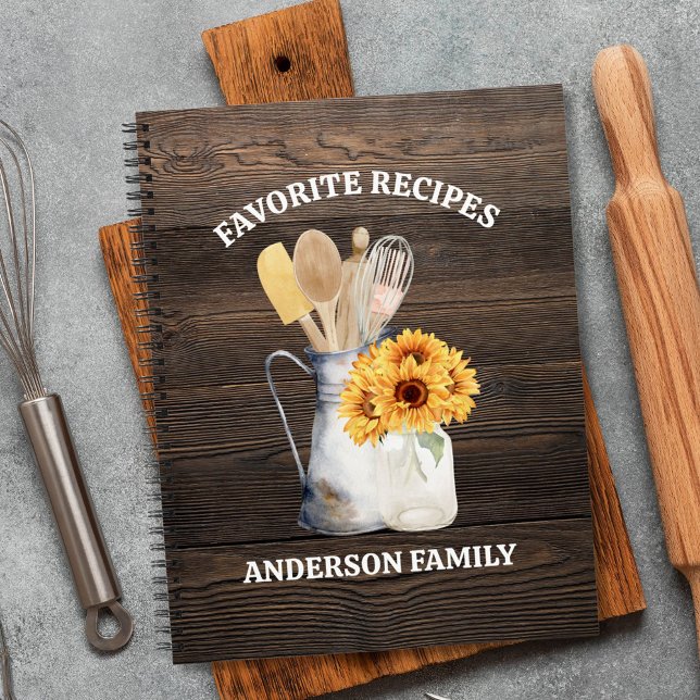Cuaderno Cocina Rústica Receta de madera marrón de girasol  (In situ)