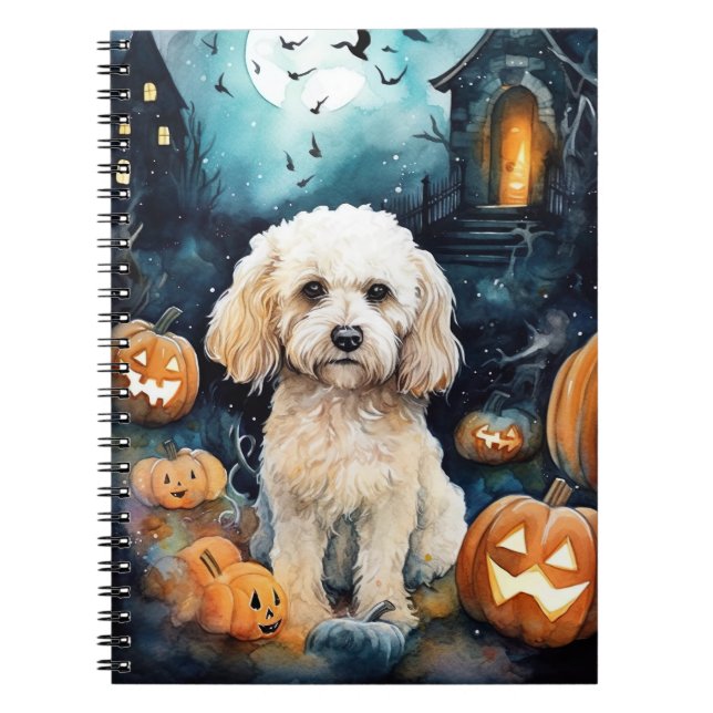 Cuaderno Cockapoo de Halloween con calabazas aterradoras (Frente)