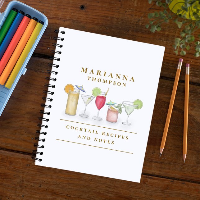 Cuaderno Cocktail acuático simple Bebe Personalizado elegan (Watercolor cocktail drinks colorful spiral notebook with a martini, margaritas, and wine )