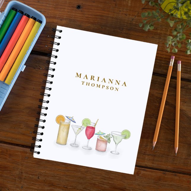 Cuaderno Cocktail acuático simple Bebe Personalizado elegan (Watercolor cocktail drinks colorful spiral notebook with a martini, margaritas, and wine )