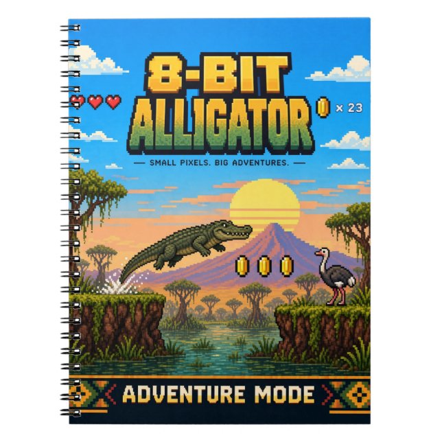 Cuaderno Cocodrilo, arte de píxeles retro de 8 bits (Frente)