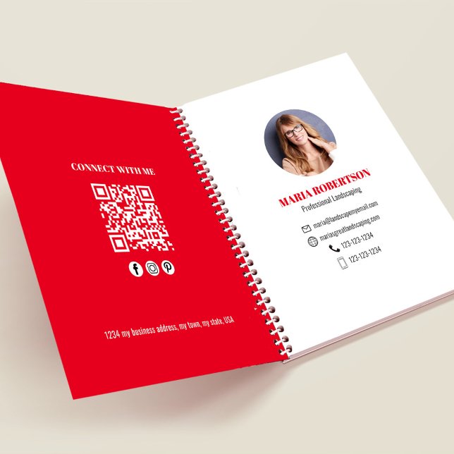 Cuaderno Código QR de Negocio de Foto Profesional Rojo (Businesses add your photo or logo simple minimalist notebook.)