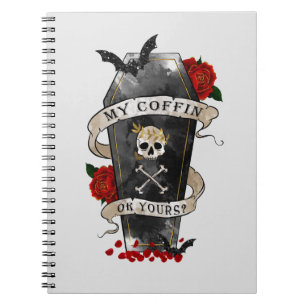 Cuaderno Coffin gótico y cráneo con rosa rojo