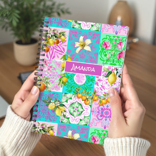 Cuaderno Colage de baldosas florales de cítrico rosa sicili