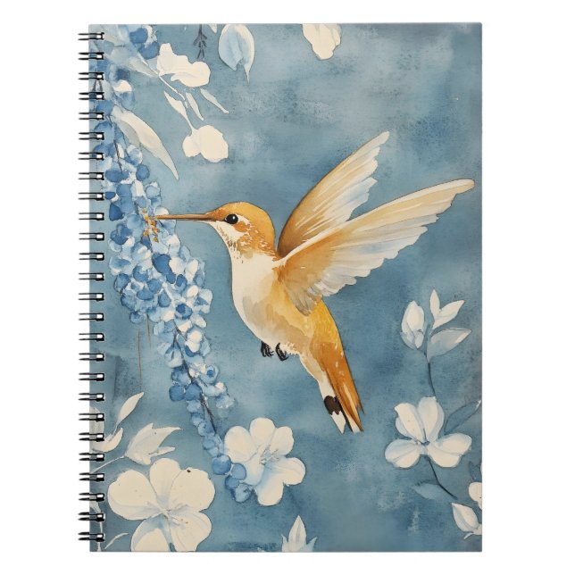 Cuaderno colibrí en vuelo entre flores blancas (Frente)