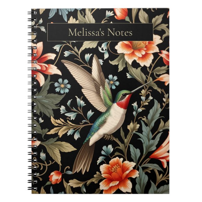 Cuaderno Colibrí Hermoso sobre Fondo Floral Oscuro (Frente)
