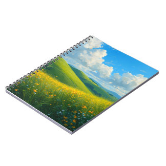 Cuaderno Colinas verdes vibrantes y paisaje de flores amari