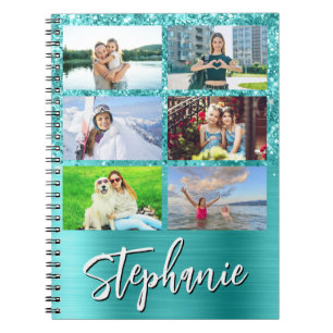 Cuaderno Collage de 6 fotos Glam azul turquesa brillante