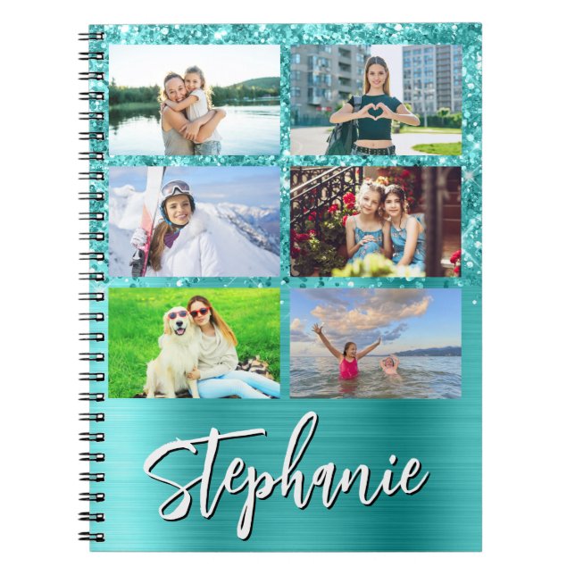 Cuaderno Collage de 6 fotos Glam azul turquesa brillante (Frente)
