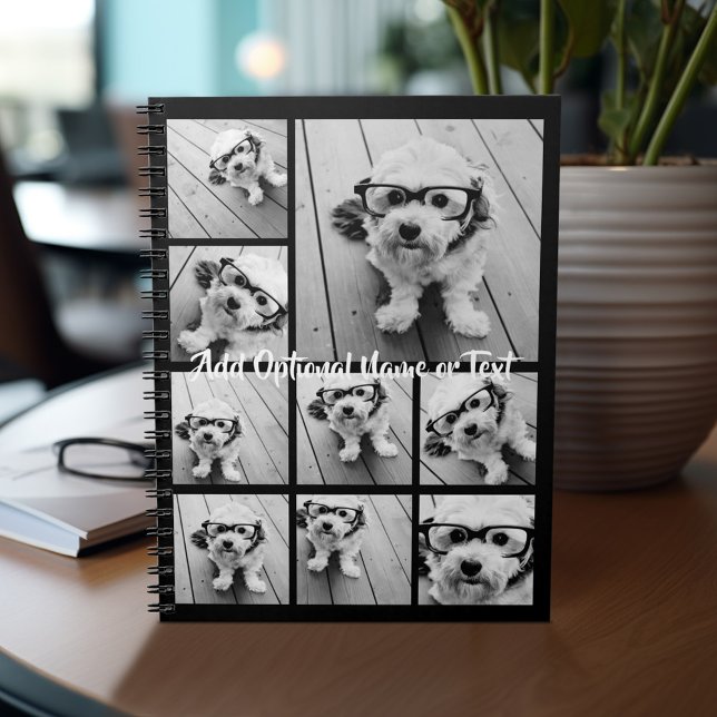 Cuaderno Collage de Black 9 Photo Square - con escritura bl (Personalized notebook with photos and text)