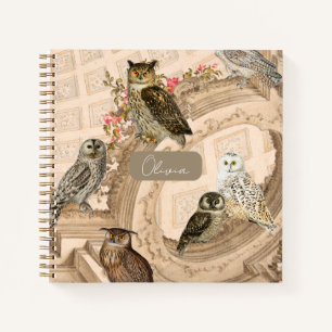 Cuaderno Collage de búho vintage con arquitectura floral