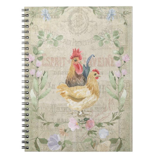 Cuaderno Collage de cosecha - gallos y flores (Frente)