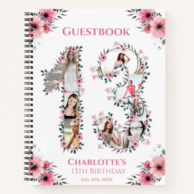 Cuaderno Collage de fotos 13.º Birthday Pink Flower Guest B (Anverso)