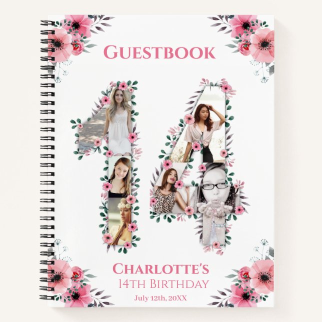 Cuaderno Collage de fotos 14º Birthday Pink Flower Guest Bo (Anverso)