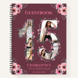 Cuaderno Collage de fotos 15º Birthday Pink Flower Guest Bo