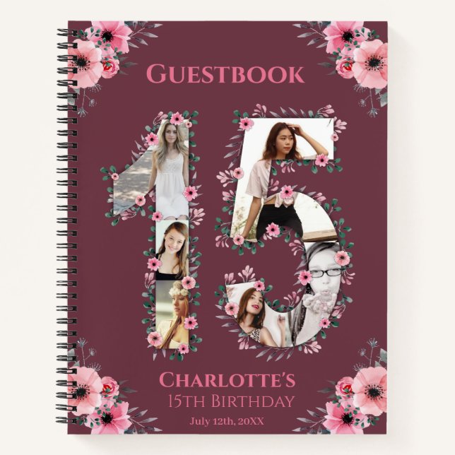Cuaderno Collage de fotos 15º Birthday Pink Flower Guest Bo (Anverso)