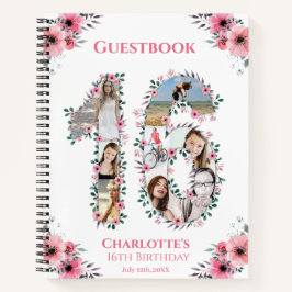 Cuaderno Collage de fotos 16º Birthday Pink Flower Guest Bo