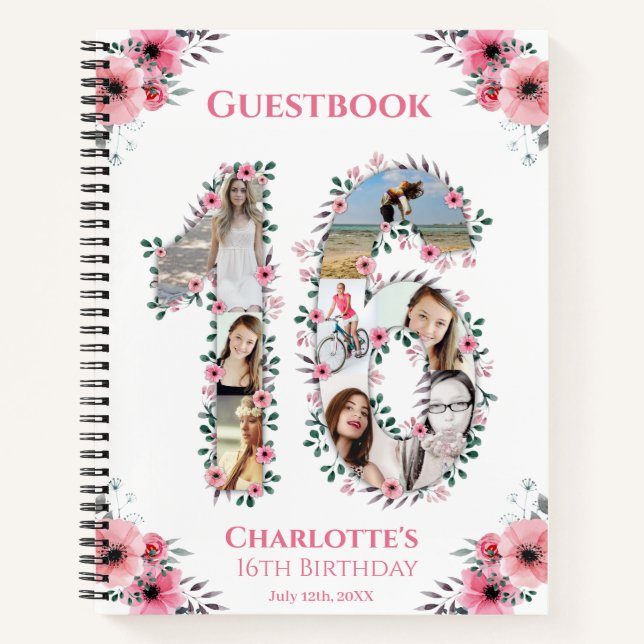 Cuaderno Collage de fotos 16º Birthday Pink Flower Guest Bo (Anverso)