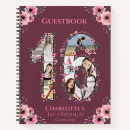 Cuaderno Collage de fotos 16º Birthday Pink Flower Guest Bo