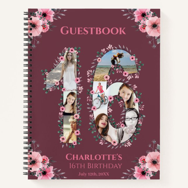 Cuaderno Collage de fotos 16º Birthday Pink Flower Guest Bo (Anverso)