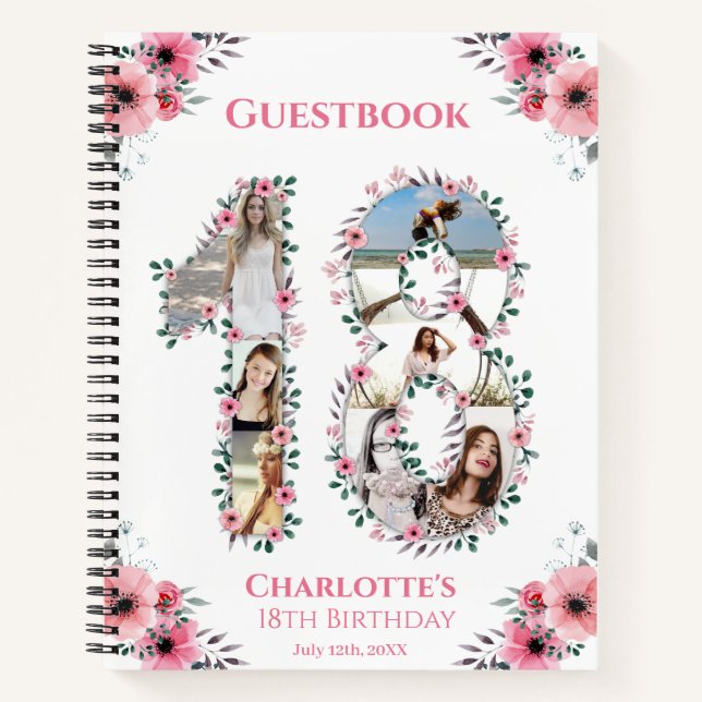 Cuaderno Collage de fotos 18º Birthday Pink Flower Guest Bo (Anverso)