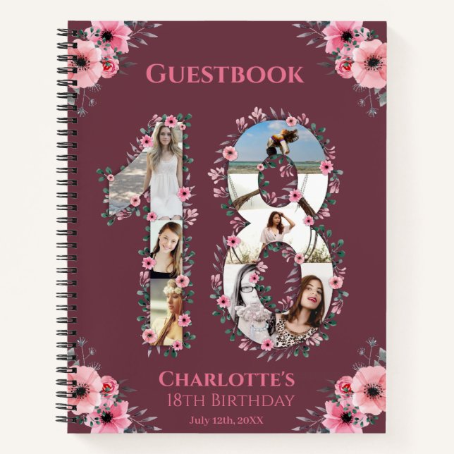 Cuaderno Collage de fotos 18º Birthday Pink Flower Guest Bo (Anverso)