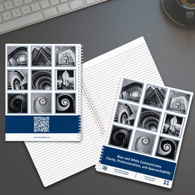 Cuaderno Collage de fotos Azul Blanco Pequeño Negocio (Photo Collage Blue White Small Business Planner Notebook with Tagline, Logo, QR code)