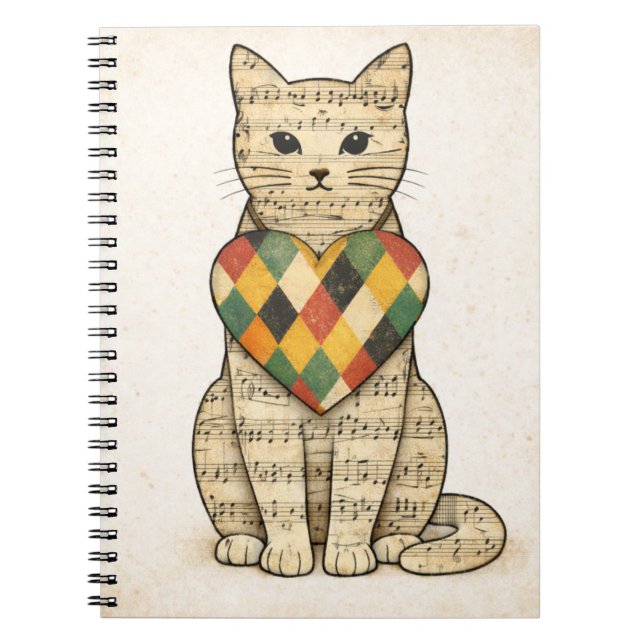 Cuaderno Collage de gato musical con corazón de arlequín (Frente)