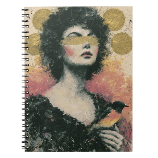 Cuaderno Collage de medios mixtos de mujer y pájaro (Frente)