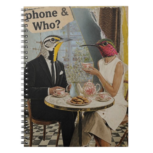 Cuaderno Collage de Medios Mixtos de Pájaros Tomando Té (Frente)