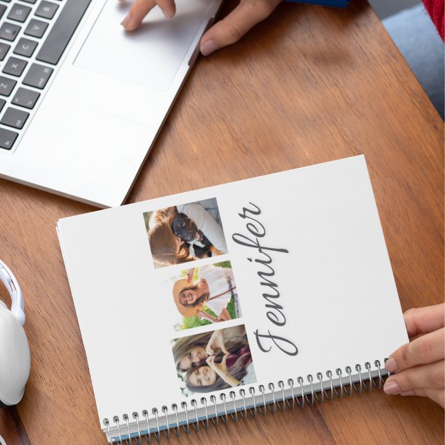 Cuaderno Collage de tiras de firma (“Storytelling notebook design featuring three-photo strip layout with flowing script name detail.”)