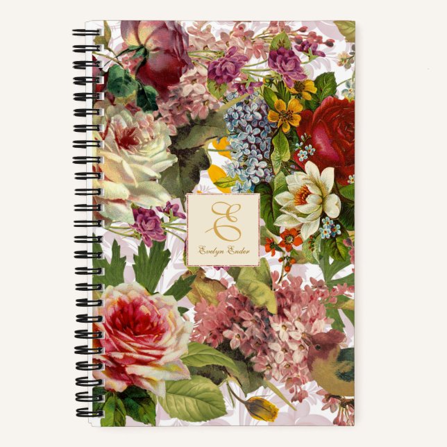 Cuaderno Collage floral victoriano | Monograma personalizad (Anverso)