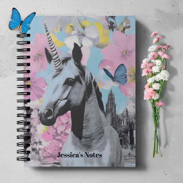 Cuaderno Collage retro coqueta rosa y azul de unicornio