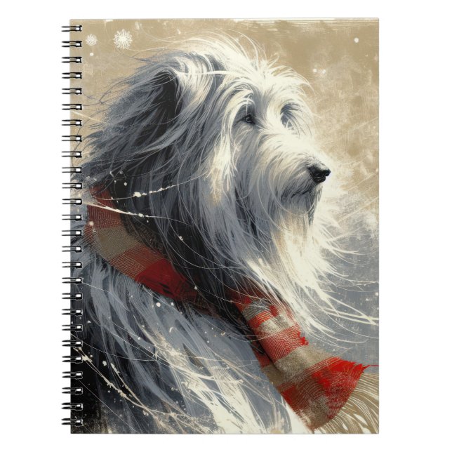 Cuaderno Collie con barba con bufanda de invierno a rayas (Frente)