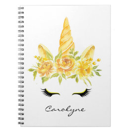 Cuaderno Color de agua amarillo unicornio floral personaliz