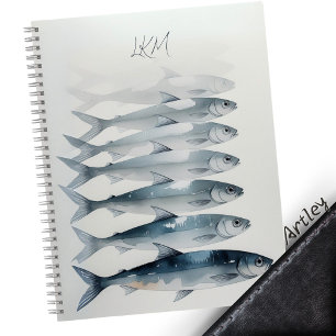 Cuaderno Color de agua azul Sardina Art Personalizado Monog