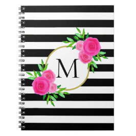 Cuaderno Color de agua Floral rosa Monograma blanco negro