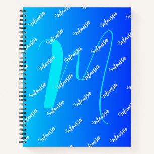 Cuaderno Color de degradado Aqua y azul - Nombre Monogramad