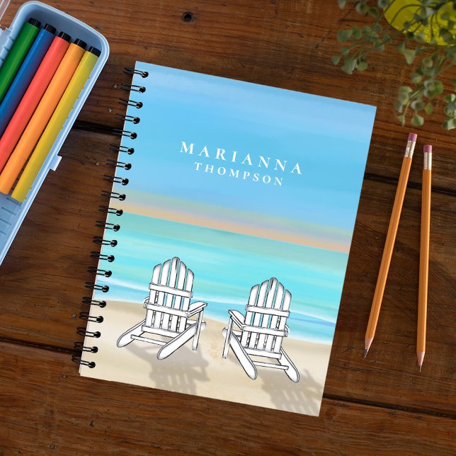 Cuaderno Colores de agua azules personalizados en la costa (Watercolor ocean blue with two Adirondack chairs sitting on the beach. )