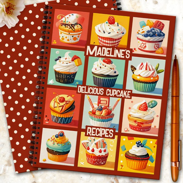 Cuaderno Colorida receta de tarta dulce (Cute colorful cookbook notebook featuring an illustration of cupcakes. With simple retro polka dots)