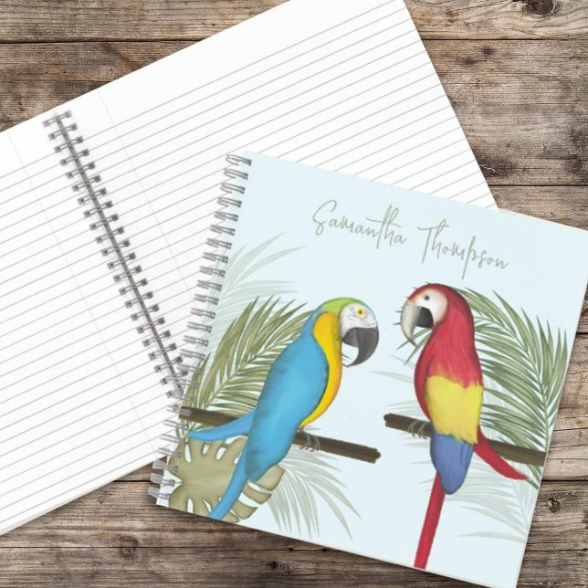 Cuaderno Coloridas Aves Tropicales Personalizadas (Whimsical watercolor tropical parrots spiral notebook, square template)