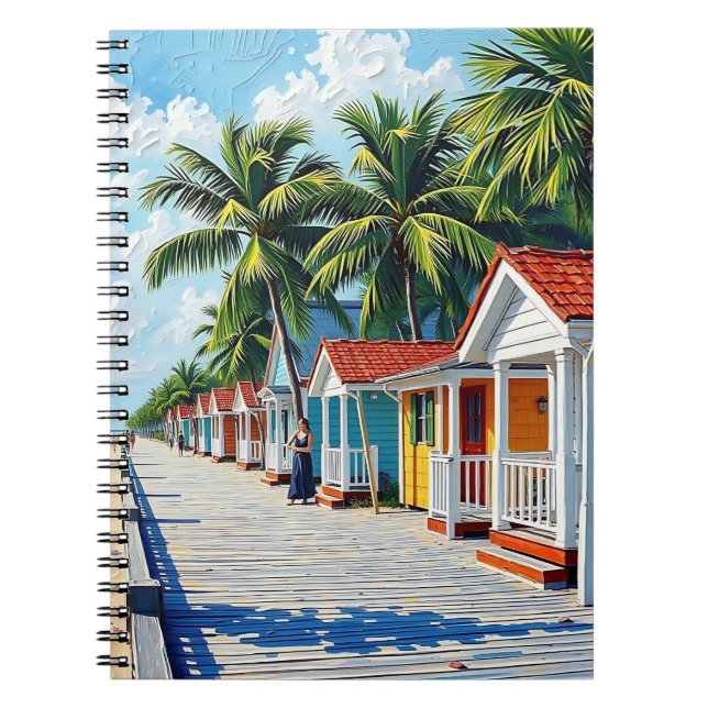 Cuaderno Coloridas Cabañas Tropicales Vibrantes de Playa (Frente)