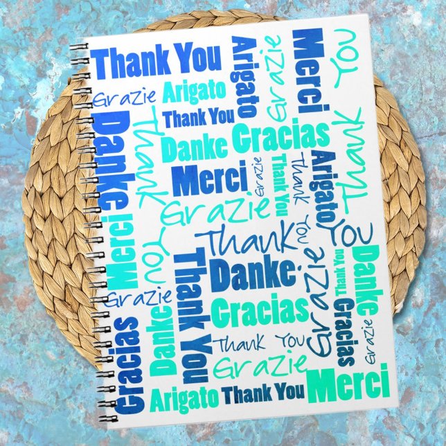 Cuaderno Colorido Multilingue Gracias Diario Gratitude (Show your daily gratitude with a multilingual thank you notebook cover in blue and green typography.)
